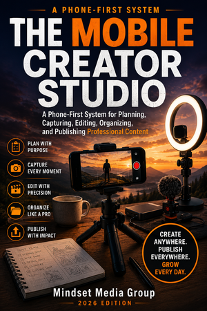 The Mobile Creator Studio™ cover — phone-first planning, capture, audio, lighting, editing, AI and publishing workflow guide