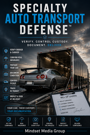 Specialty Auto Transport Defense™ cover — a Mindset Media Group guide to broker and carrier verification, insurance evidence, vehicle preparation, custody, delivery inspection, and damage claims.
