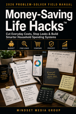 Money-Saving Life Hacks™ digital guide cover by Mindset Media Group