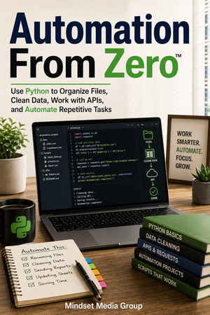 Automation From Zero™ digital guide cover by Mindset Media Group — a practical beginner's guide to workflow automation, triggers, actions, testing, and reliable no-code systems.