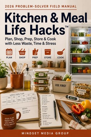 Kitchen & Meal Life Hacks™ digital guide cover by Mindset Media Group