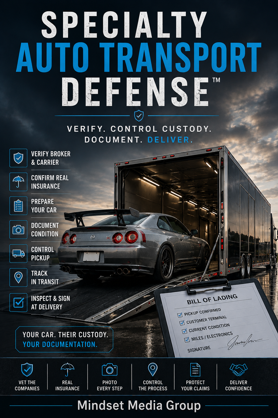 Specialty Auto Transport Defense™ cover — a Mindset Media Group guide to broker and carrier verification, insurance evidence, vehicle preparation, custody, delivery inspection, and damage claims.