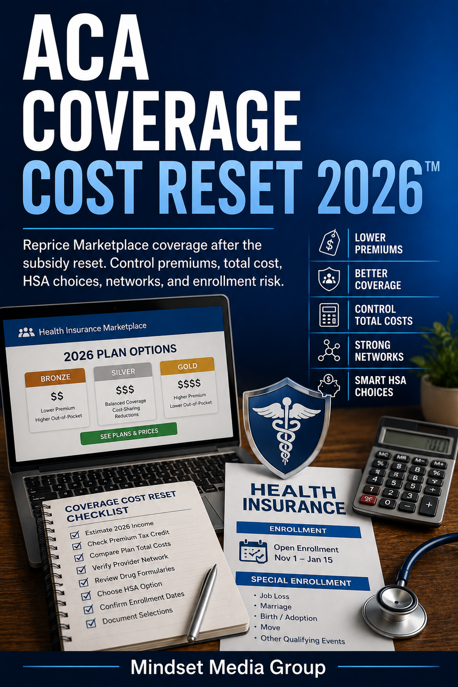 ACA Coverage Cost Reset 2026™ cover — Marketplace premiums, total cost, HSA choices, networks, formularies and enrollment guide