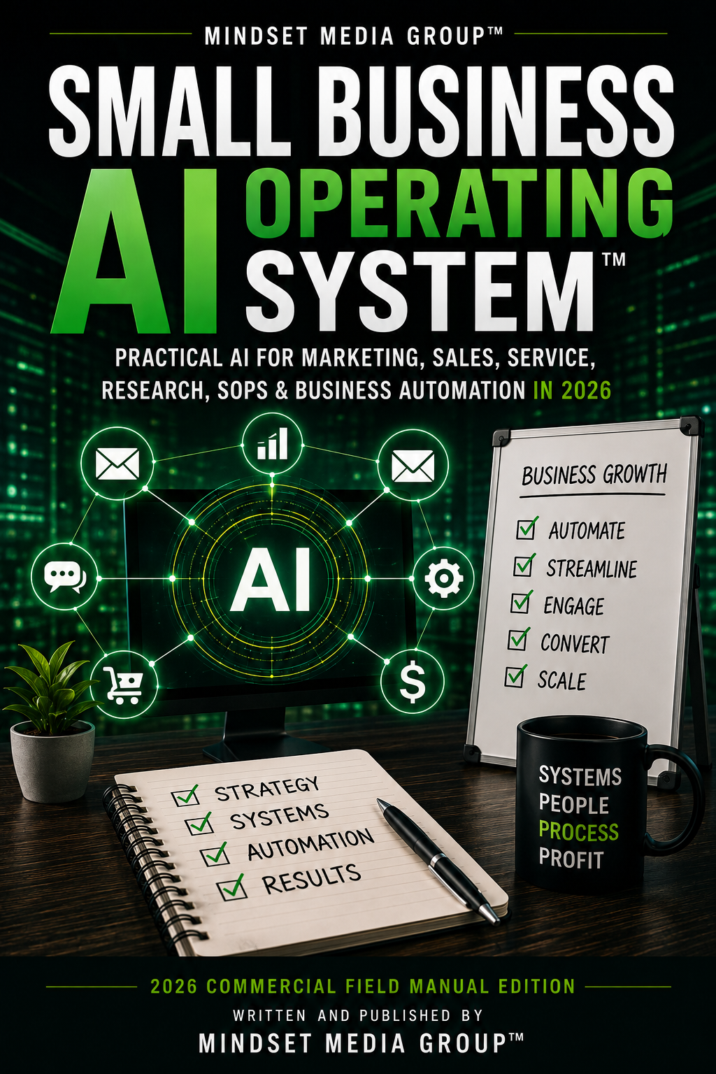 Small Business AI Operating System™ cover — 2026 marketing, sales, service, SOP, commerce, governance and business automation field manual
