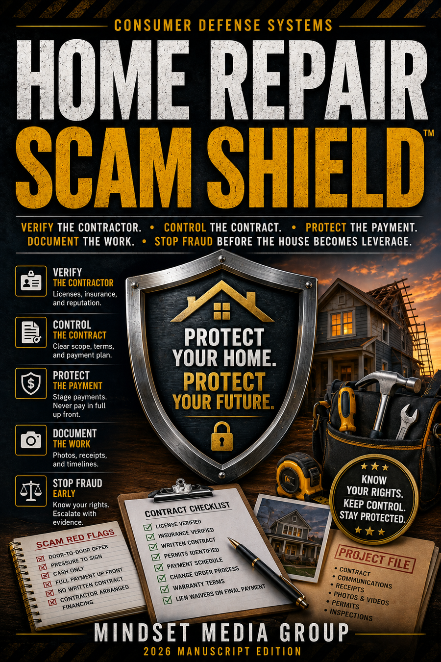 Home Repair Scam Shield™ cover — contractor verification, contract control, payment defense and lien-risk guide