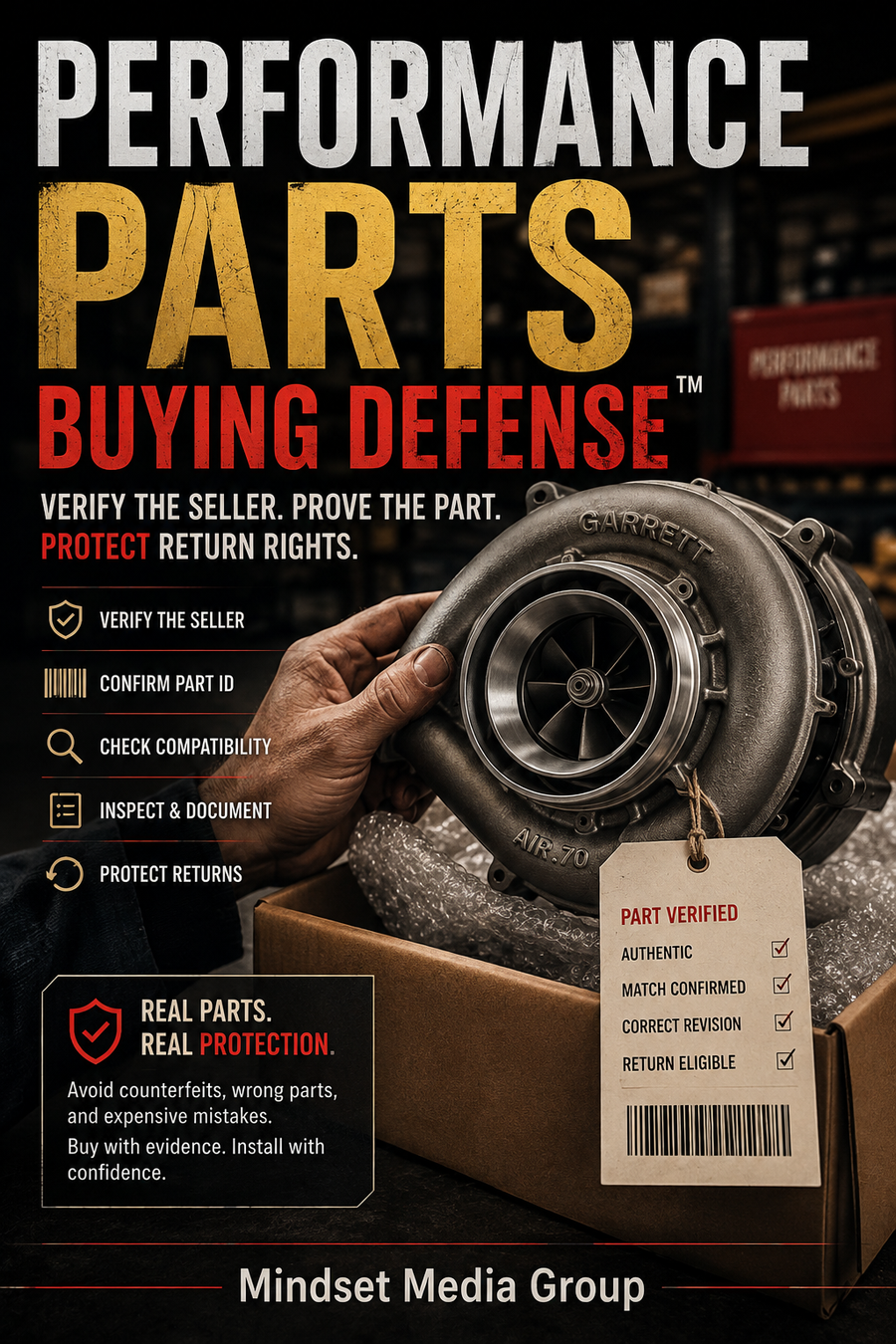 Performance Parts Buying Defense™ cover — a Mindset Media Group guide to seller verification, part authenticity, compatibility, receiving inspection, returns, warranties, and purchase recovery.
