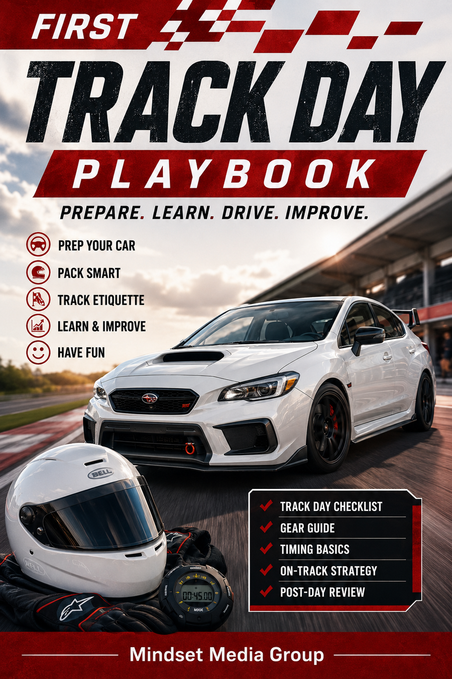 First Track Day Playbook™ cover — novice HPDE selection, vehicle preparation, insurance, gear, consumables and event-day guide