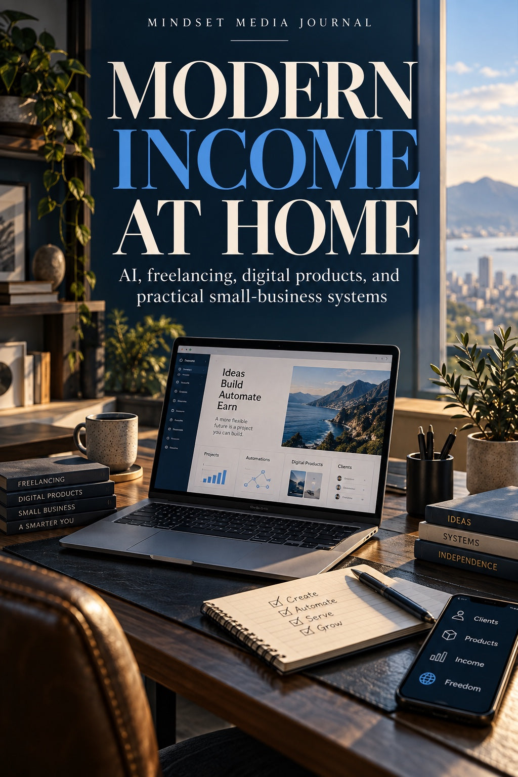 Mindset Media Journal cover for modern income at home using AI, freelancing, digital products, and small-business systems