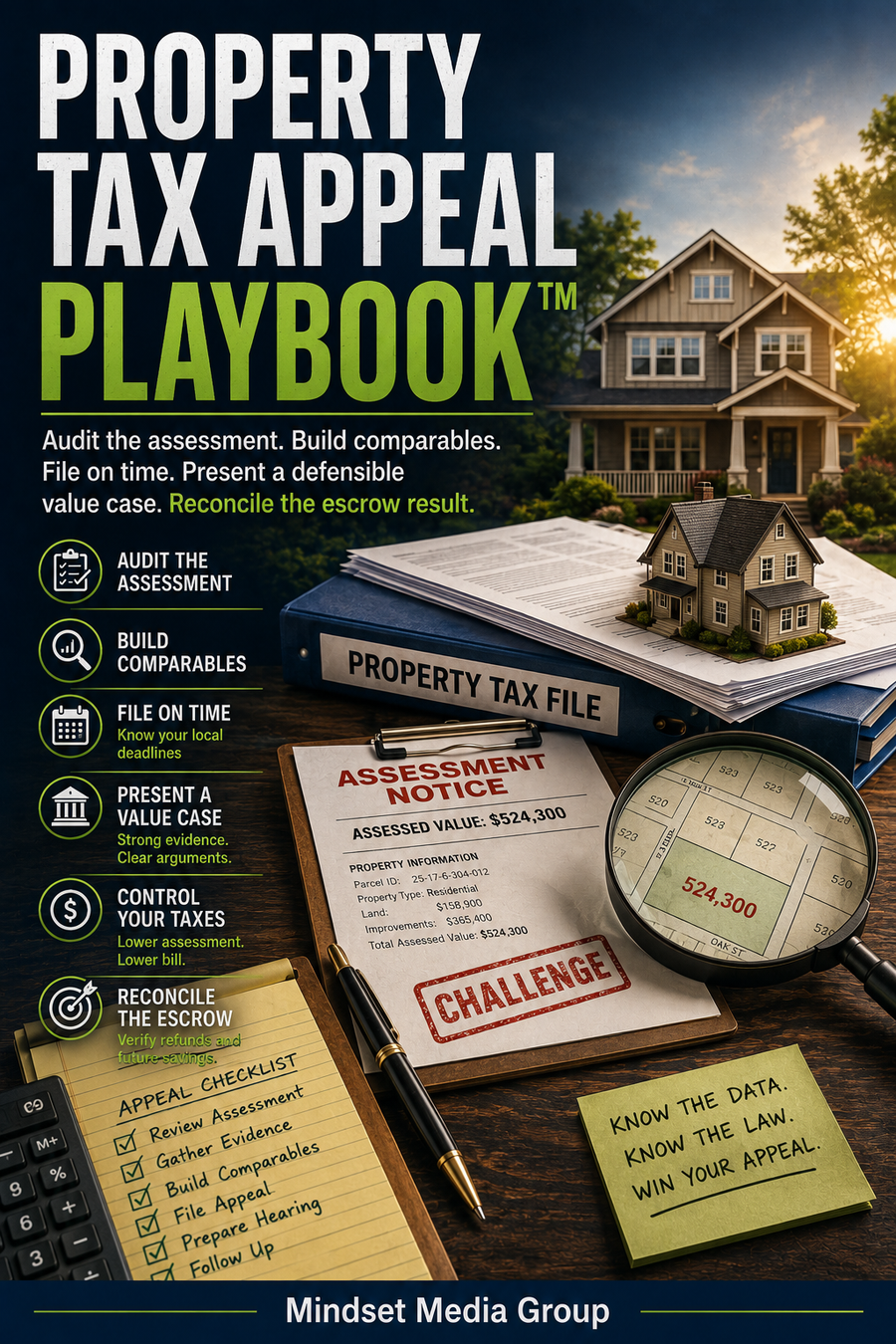 Property Tax Appeal Playbook™ cover — assessment audit, comparable evidence, filing deadlines, hearing strategy and escrow guide
