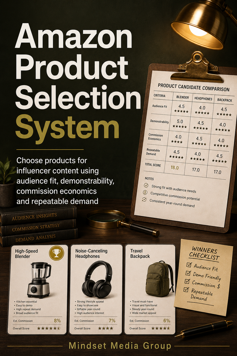 Amazon Product Selection System™ cover — a Mindset Media Group digital guide for choosing influencer products using audience fit, demonstrability, purchase friction, demand, and portfolio discipline.
