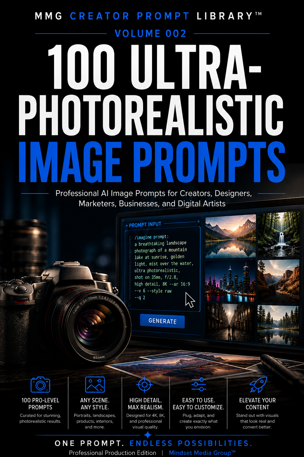 100 Ultra-Photorealistic Image Prompts digital prompt library cover by Mindset Media Group