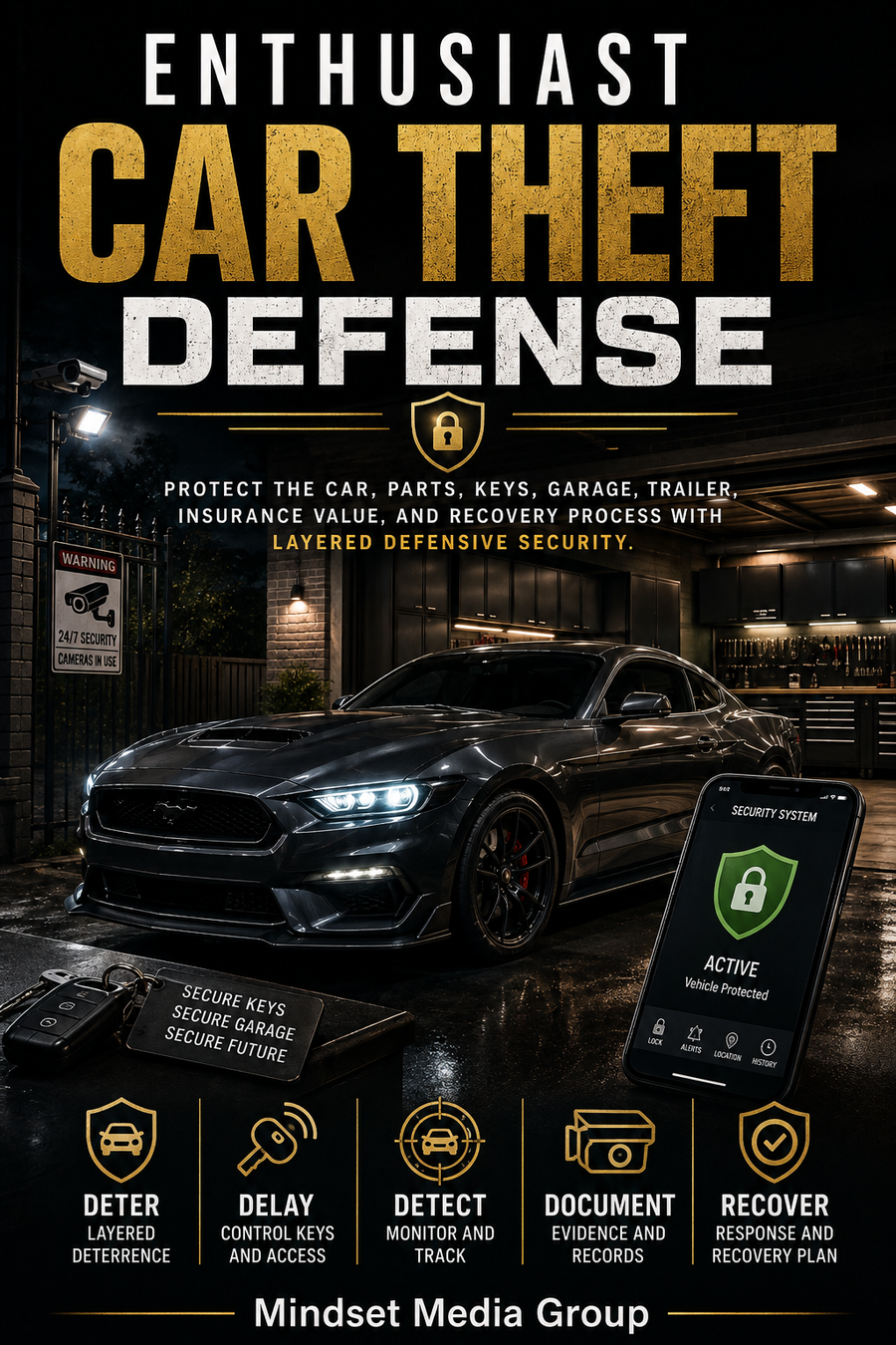Enthusiast Car Theft Defense™ cover — layered vehicle, parts, key, garage, trailer, insurance and recovery security guide