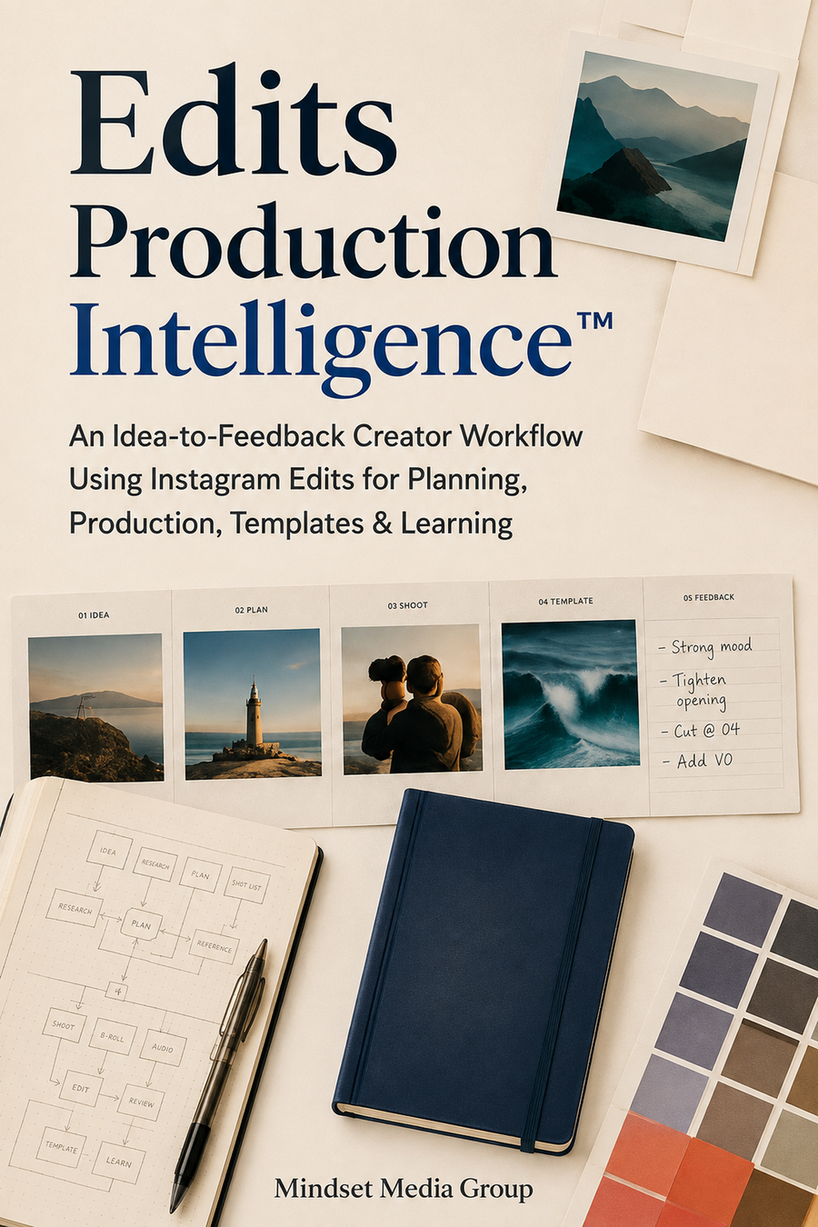 Edits Production Intelligence™ cover — Mindset Media Group guide to planning, production, templates, captions, feedback and learning workflows using Instagram Edits.