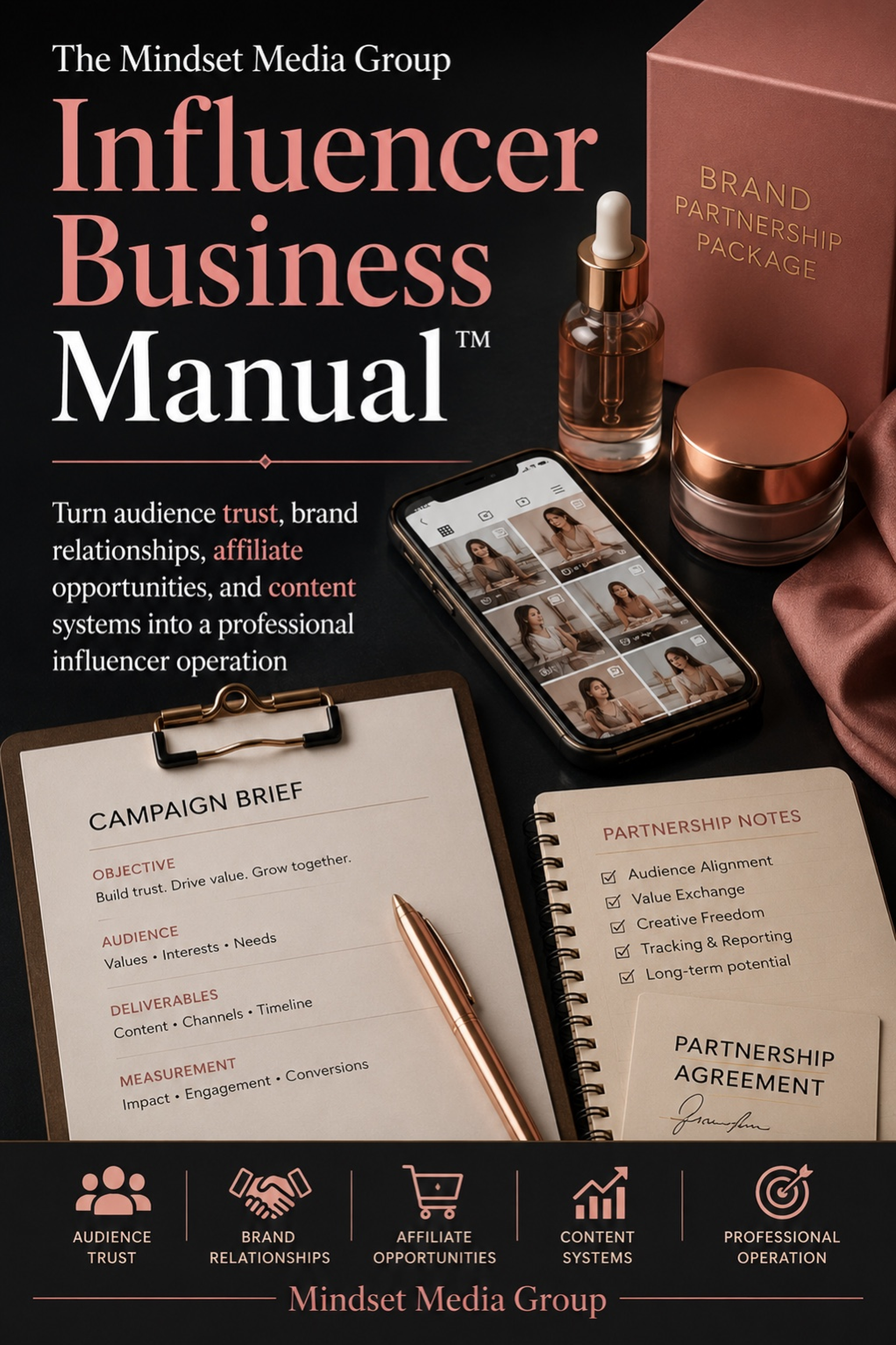 The Mindset Media Group Influencer Business Manual™ cover — a digital guide for influencers and creator-operators managing audience trust, brand partnerships, affiliate commerce, and multi-platform content.