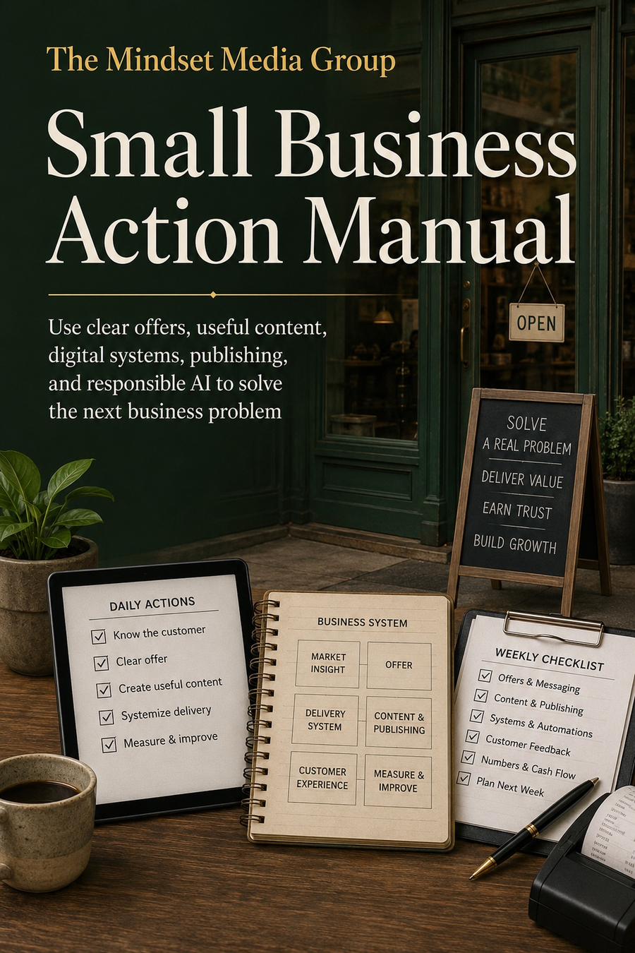 The Mindset Media Group Small Business Action Manual™ cover — a digital guide for small-business owners working through visibility, offers, operations, customer communication, digital assets, and execution.
