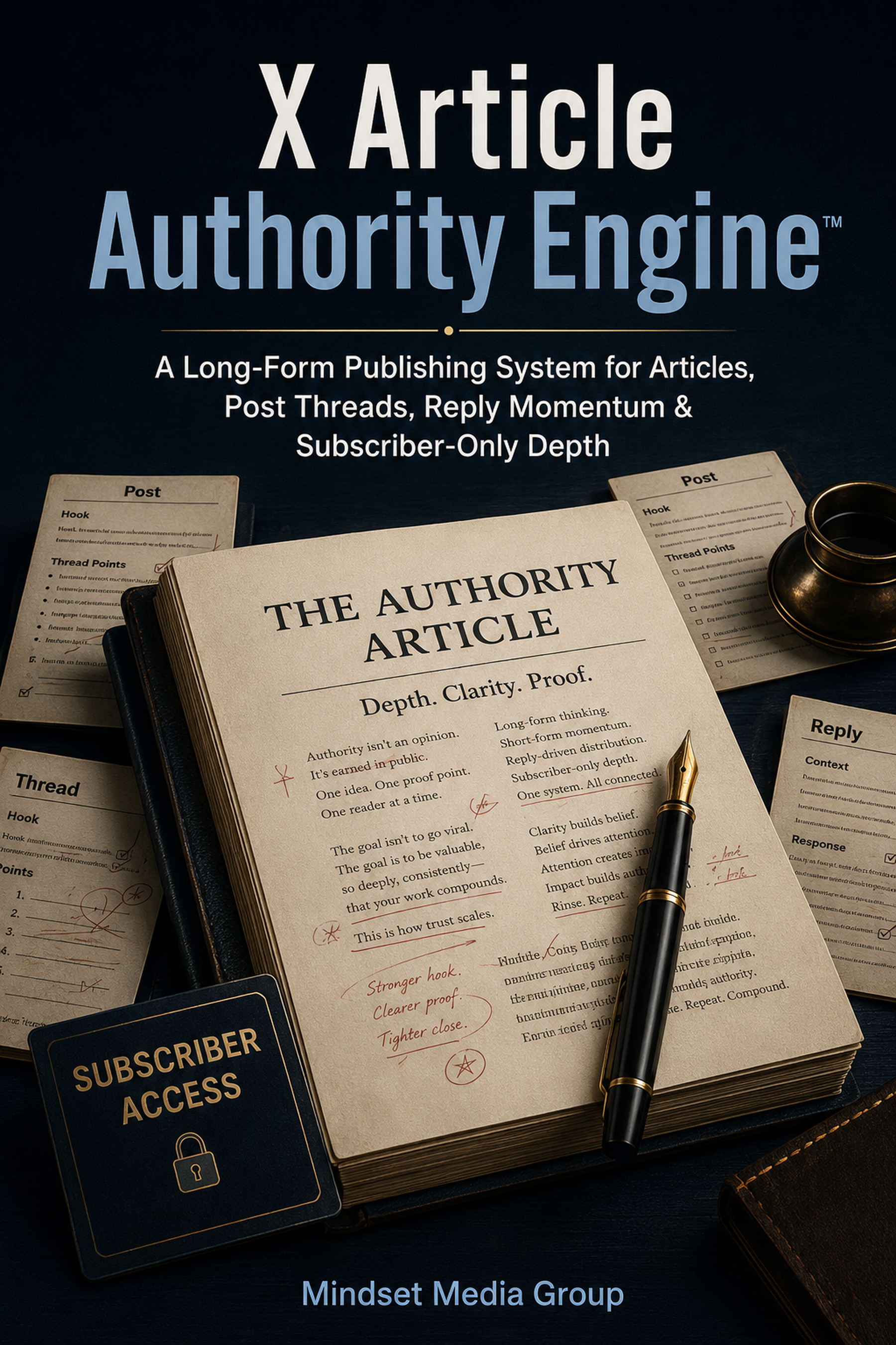 X Article Authority Engine™ cover — a Mindset Media Group digital guide for building long-form authority on X with Articles, supporting posts, replies, resharing, subscriber depth, and analytics.