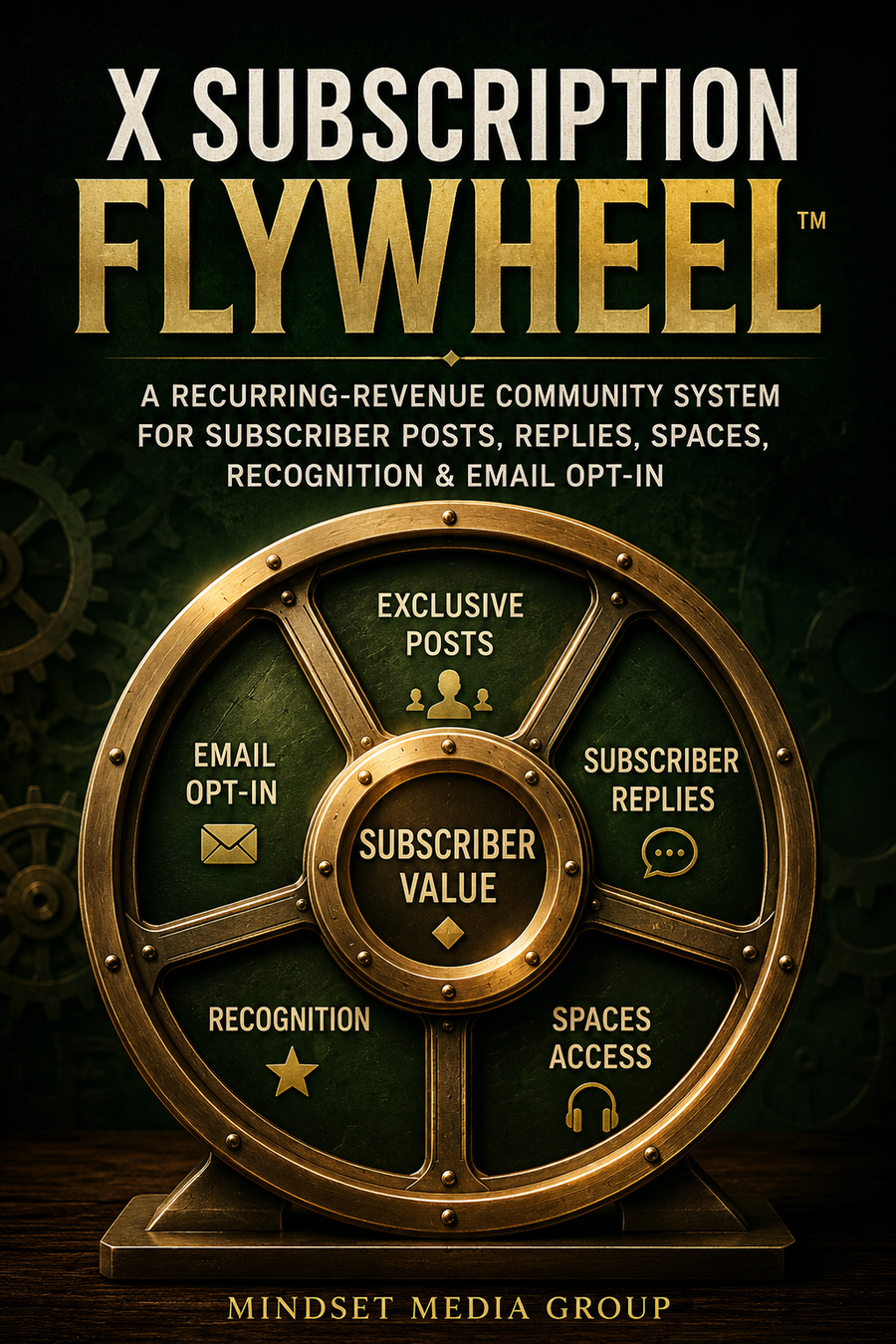 X Subscription Flywheel™ cover — a Mindset Media Group guide to recurring subscriber value, free-to-paid content, subscriber-only posts, replies, Spaces, recognition, owned relationships, and retention.