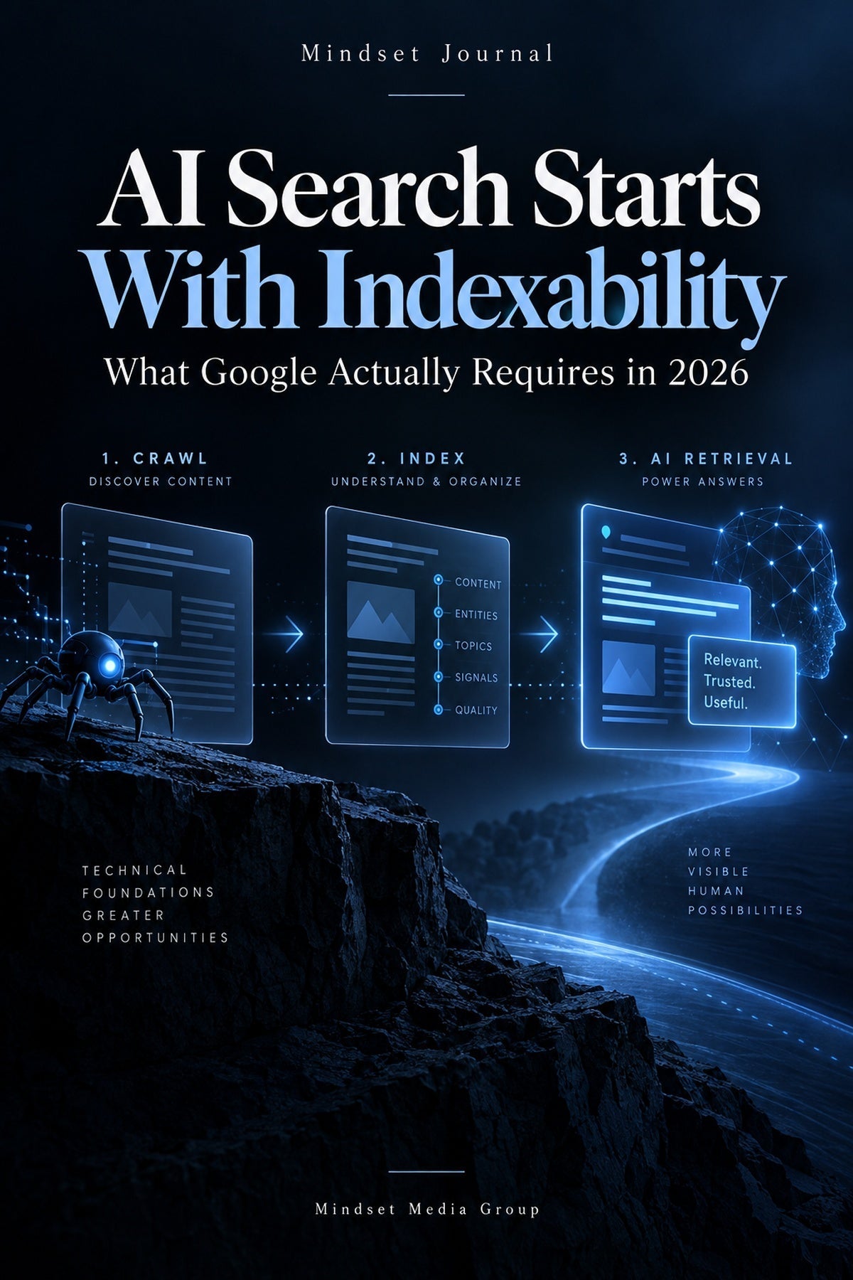 Mindset Journal cover illustrating crawl, index, and AI retrieval for search visibility.