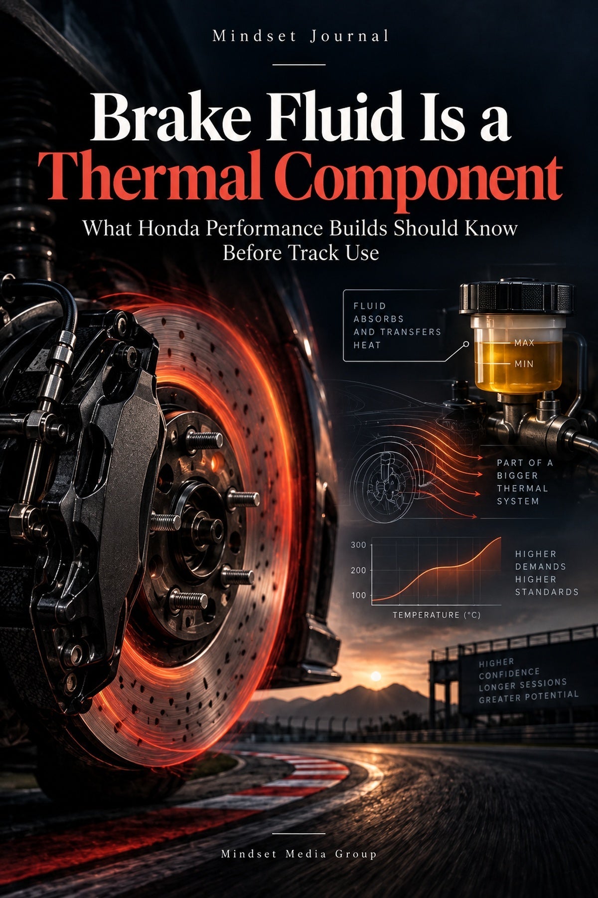 Mindset Journal cover illustrating brake fluid as part of a performance braking thermal system.