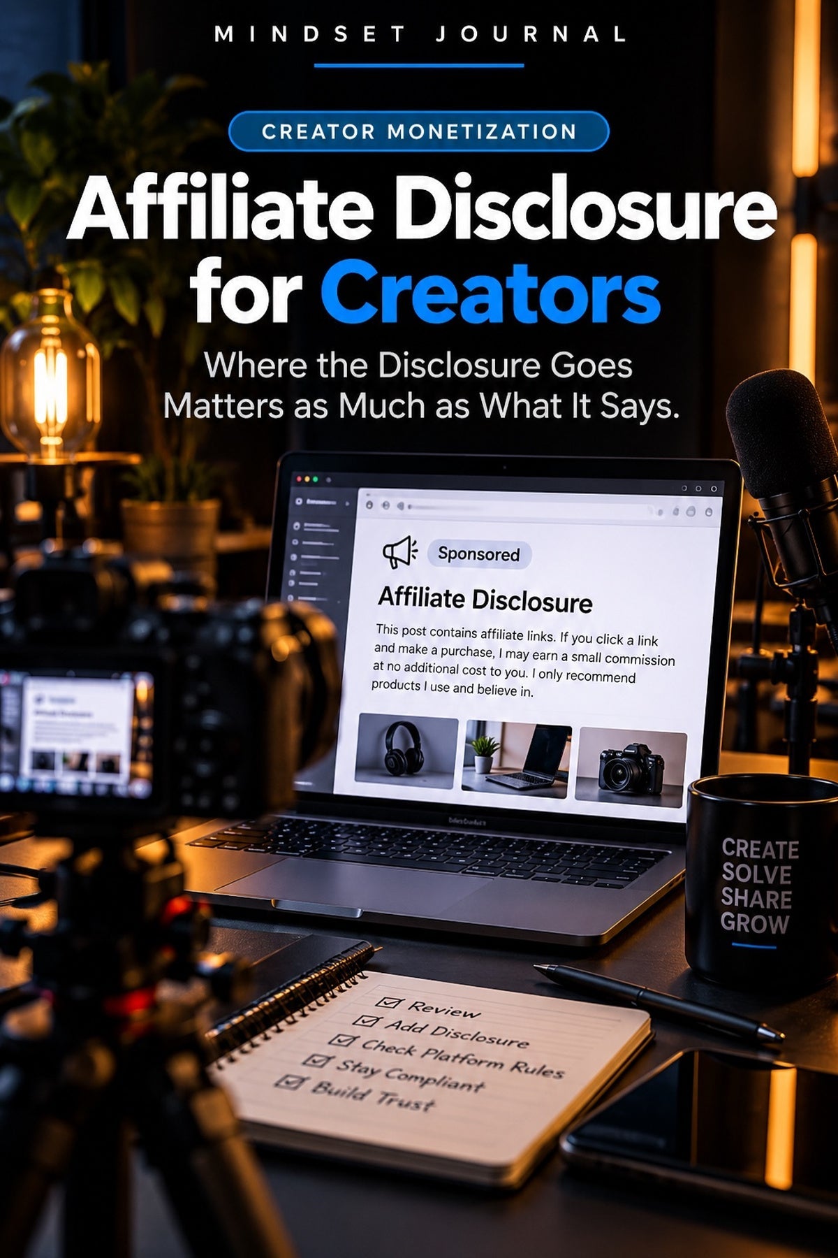 Creator studio with a laptop showing an affiliate disclosure and sponsored label for transparent creator monetization