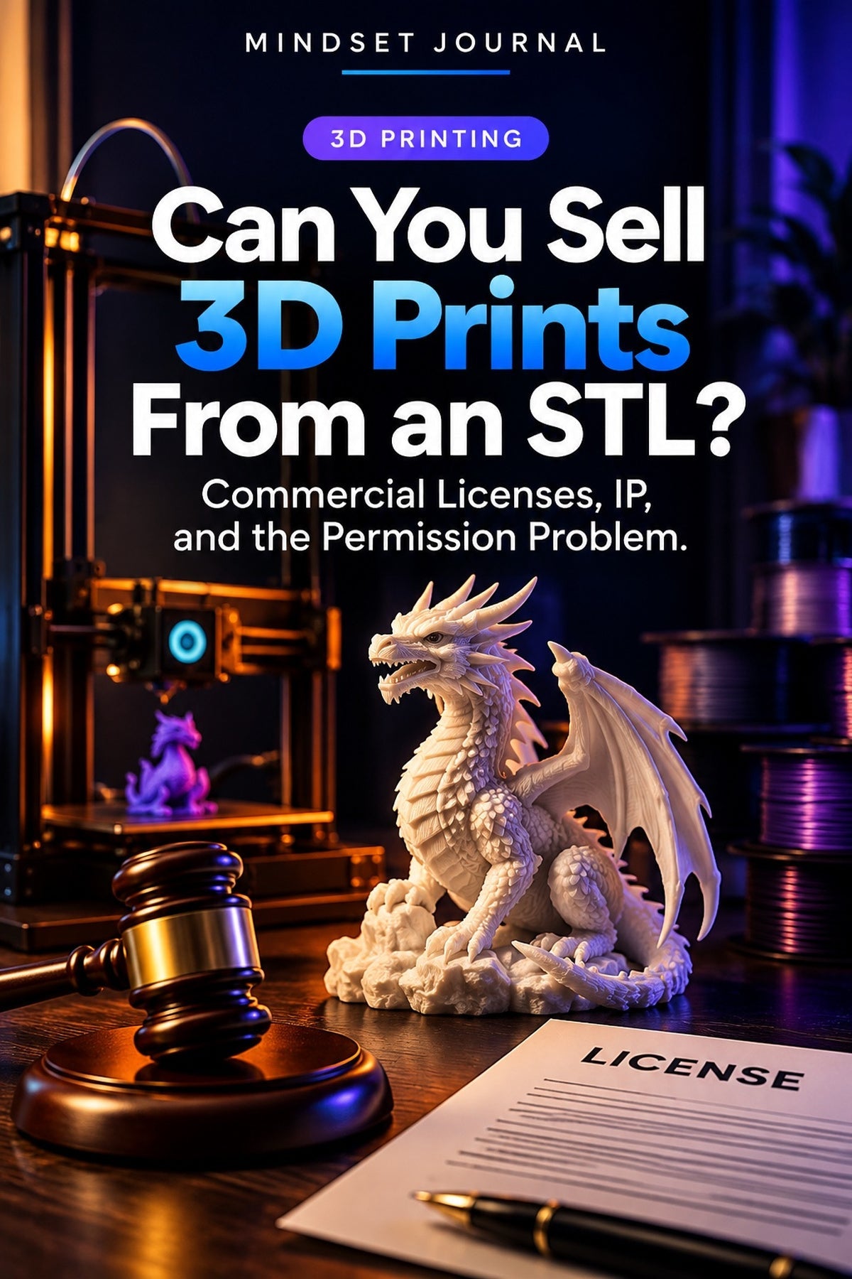 3D printed dragon, printer, and license document illustrating commercial licensing and permission for selling STL-based prints
