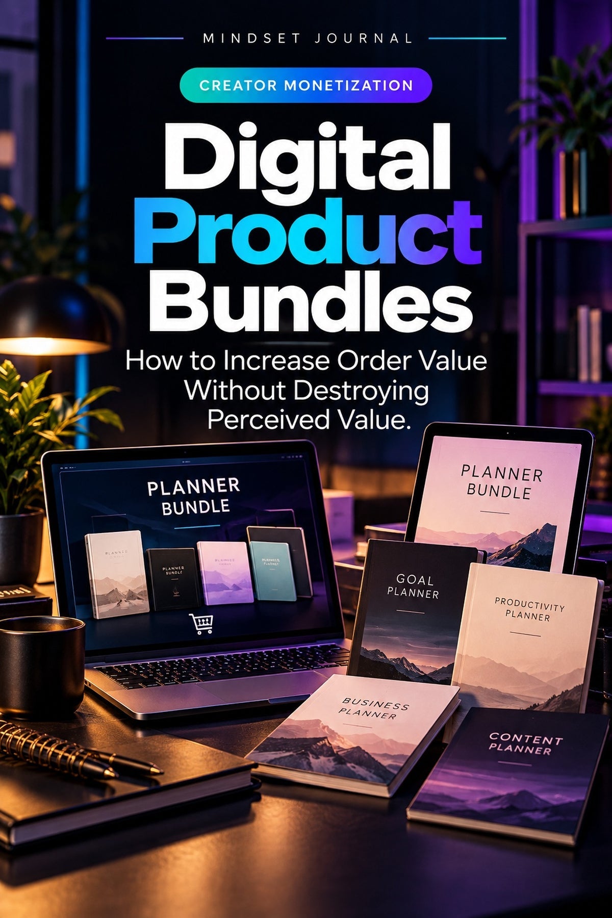 Digital product planner bundle displayed across devices and printed planners to illustrate bundle pricing and perceived value