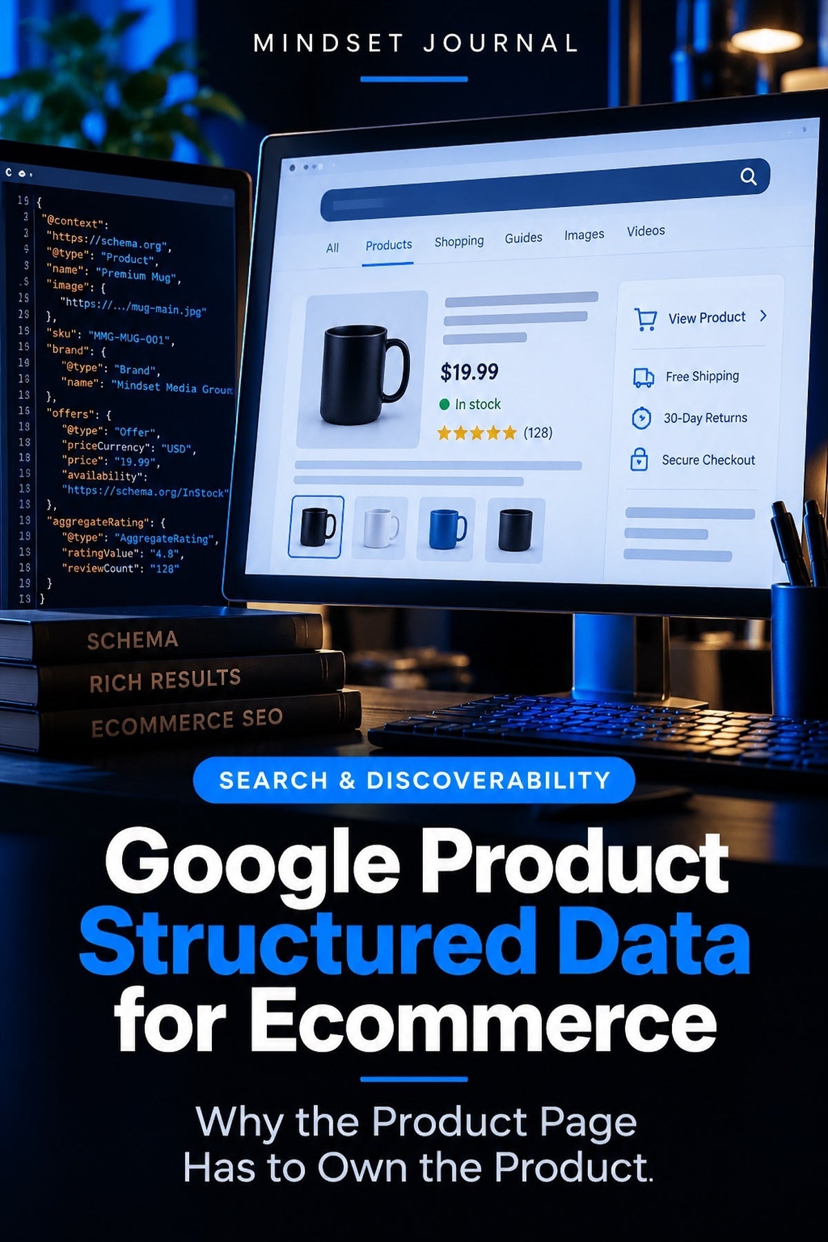 Ecommerce product page and Product structured data code illustrating Google merchant listings and rich result eligibility