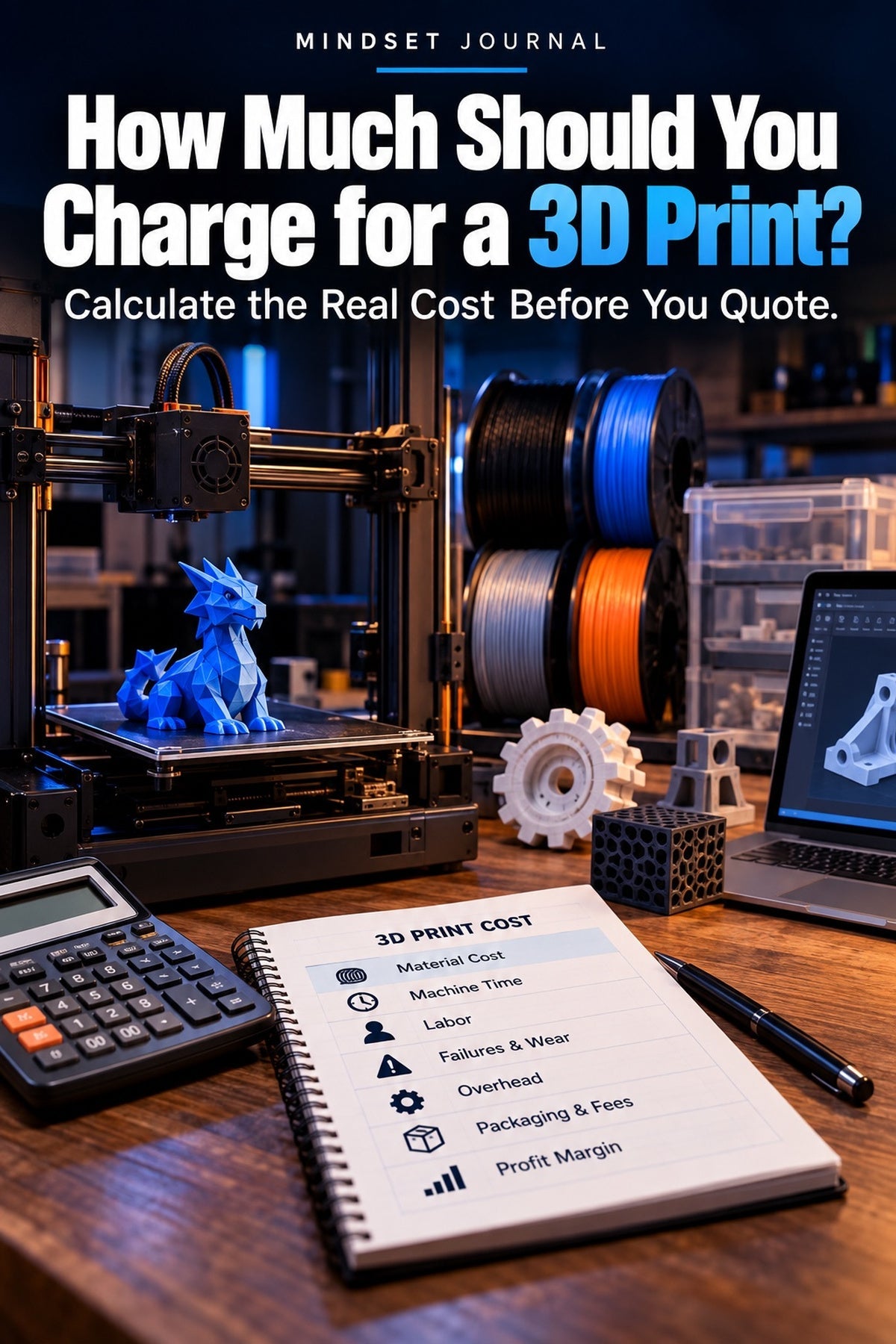 3D printing workstation illustrating material, machine time, labor, overhead, and profit costs for quoting a 3D print