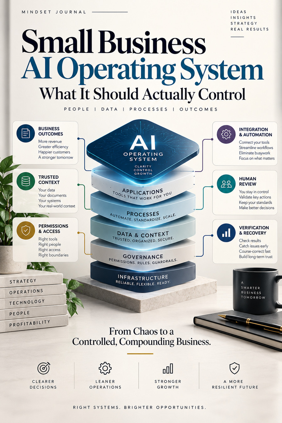 Mindset Journal cover illustrating a small business AI operating system with governance, trusted context, human review, and verification.