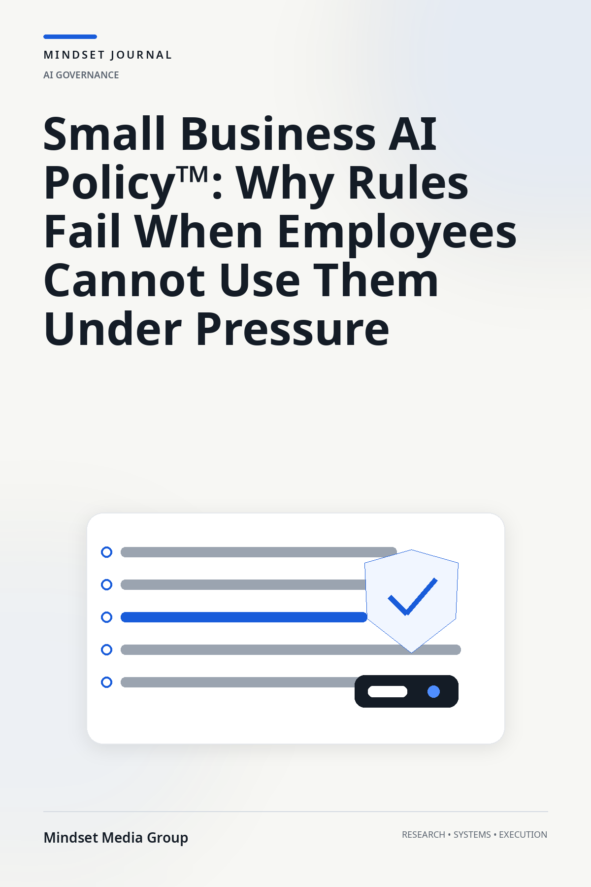 Mindset Journal cover illustrating small business AI policy with review rules, approval controls, and a shield.