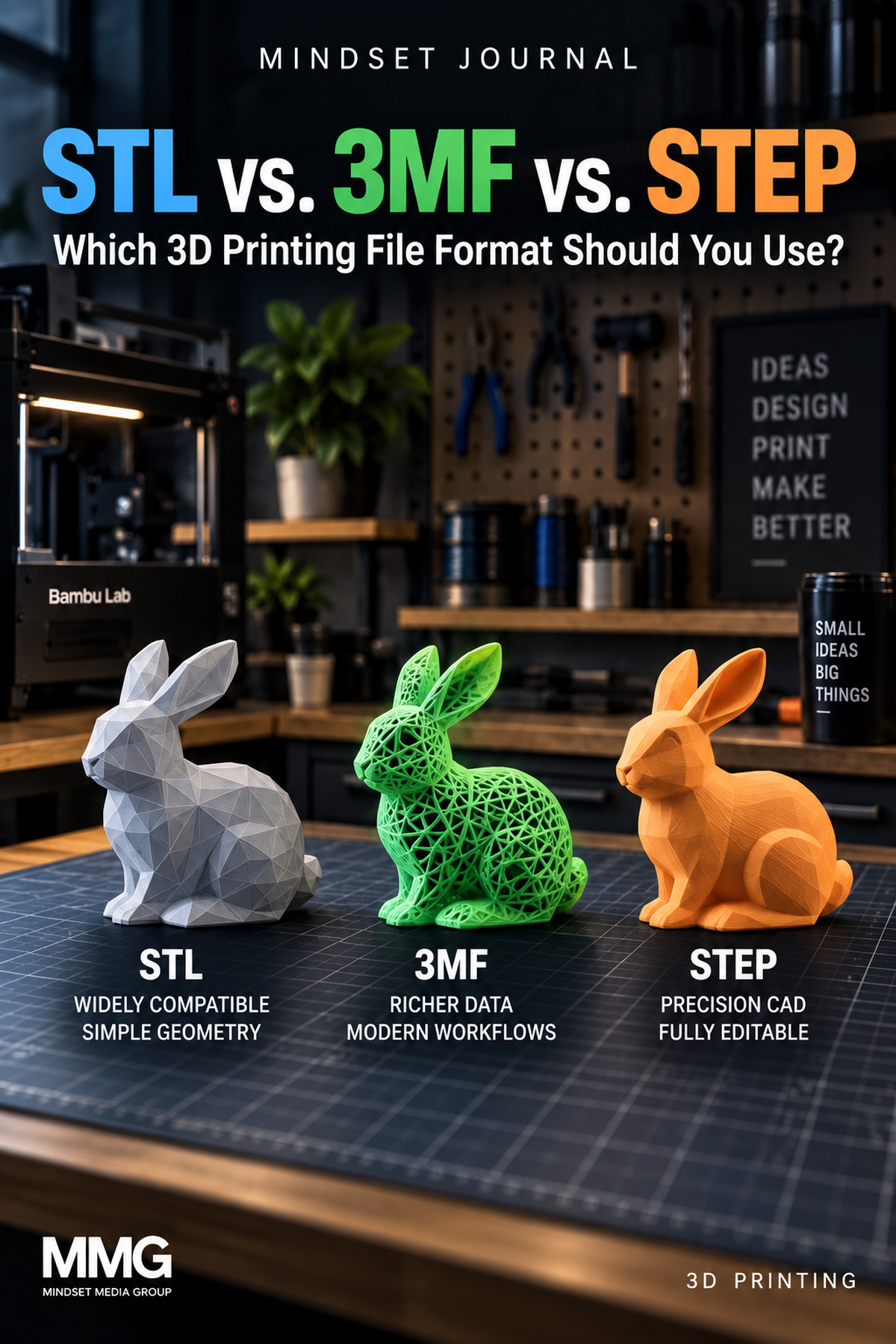 Mindset Journal cover comparing STL, 3MF, and STEP 3D printing file formats