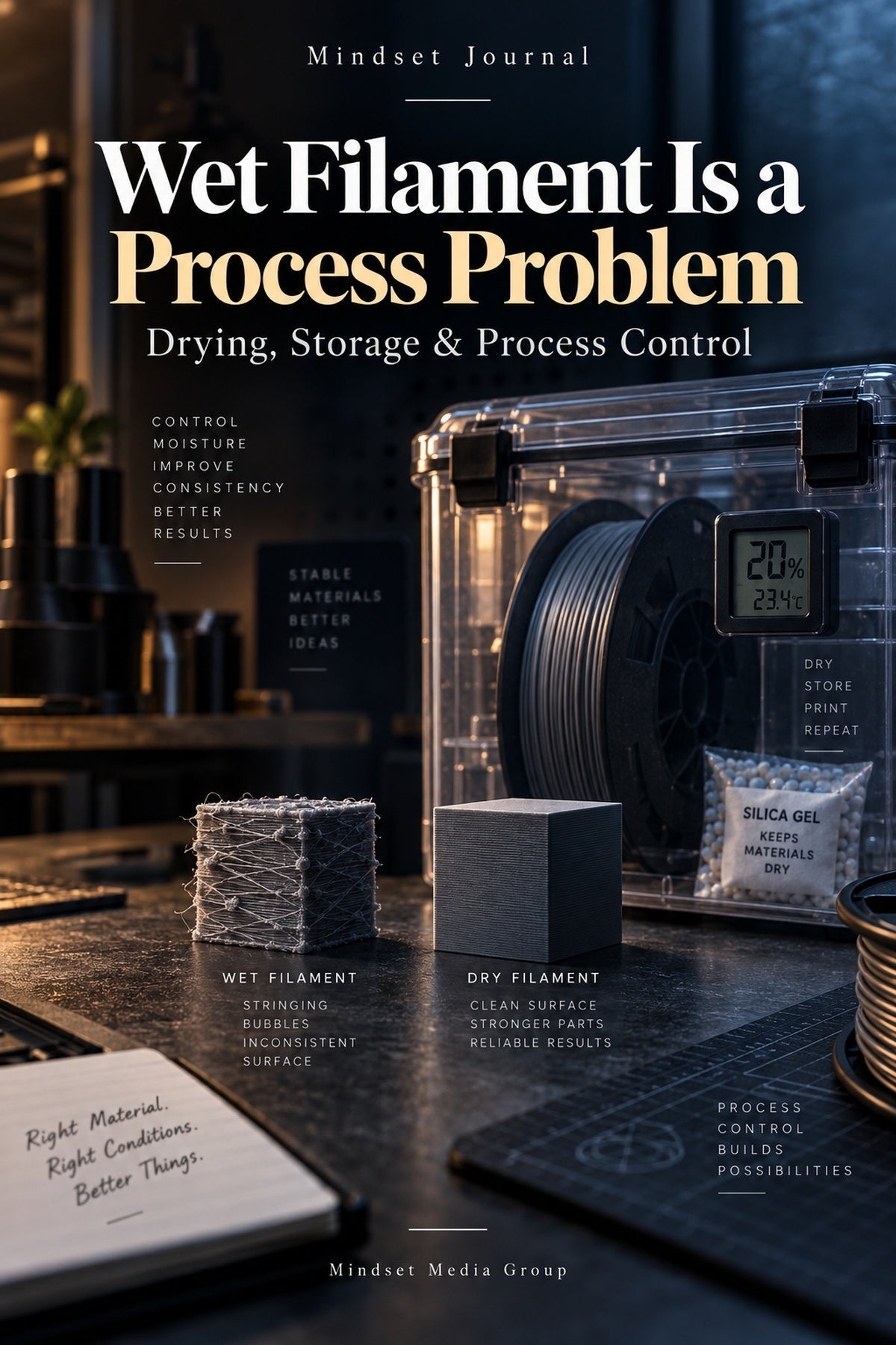 Mindset Journal cover showing wet versus dry 3D printing filament and moisture-control storage.