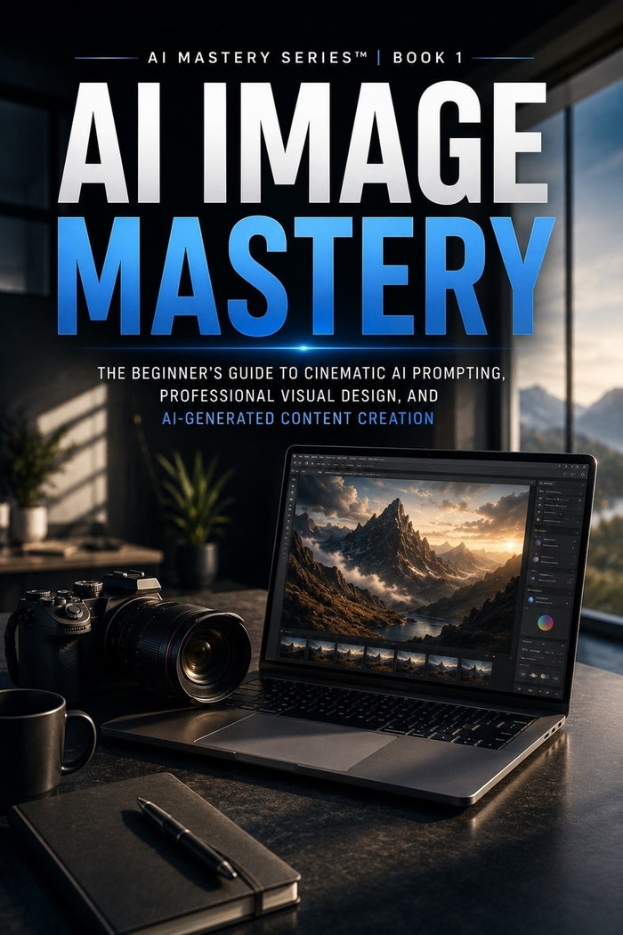 AI Image Mastery book cover from the AI Mastery Series — a beginner's guide to cinematic AI prompting, professional visual design, and AI-generated content creation by Mindset Media Group.