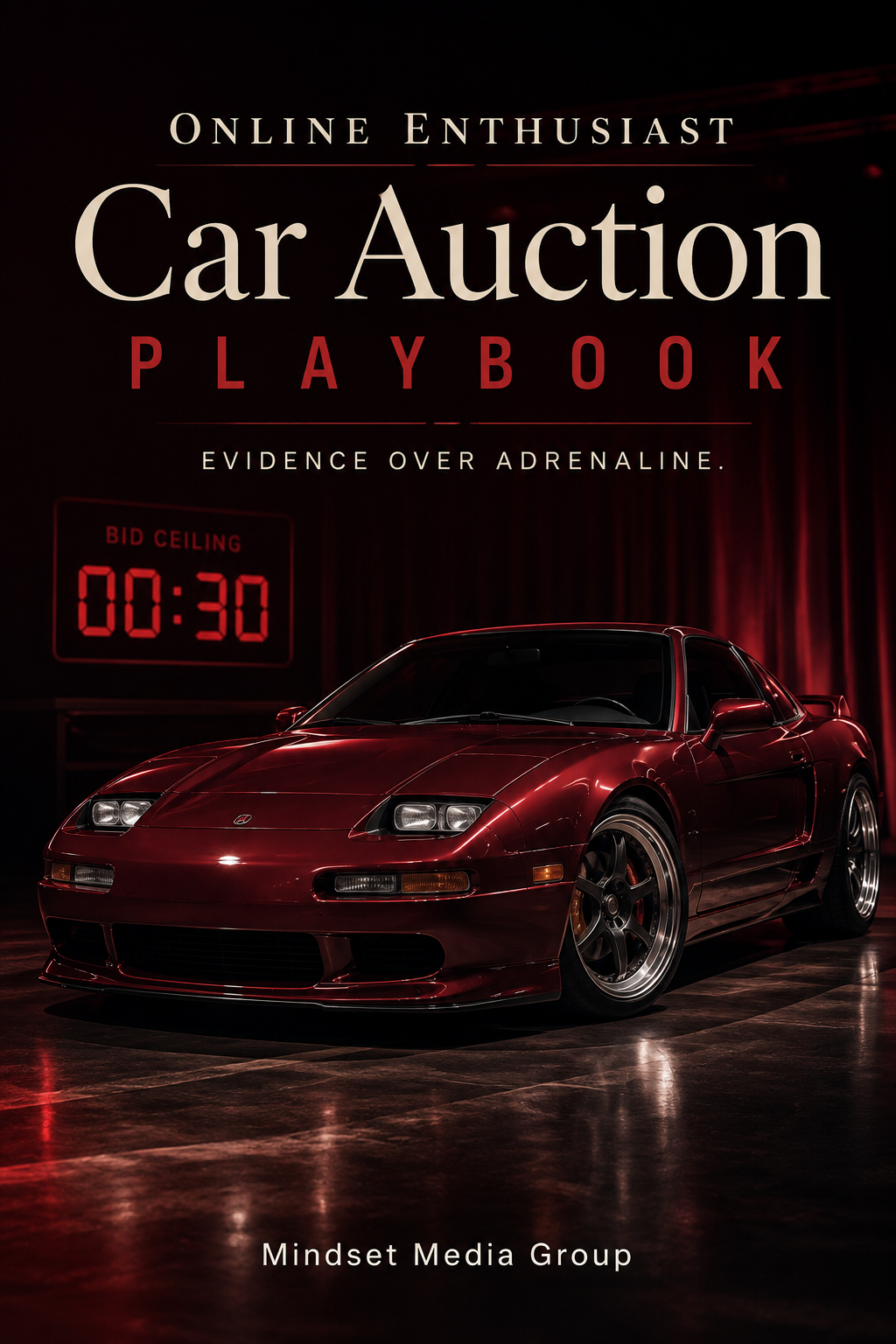 Online Enthusiast Car Auction Playbook™ cover — a Mindset Media Group guide to auction research, remote inspection, seller and title verification, true acquisition cost, and evidence-based bidding.