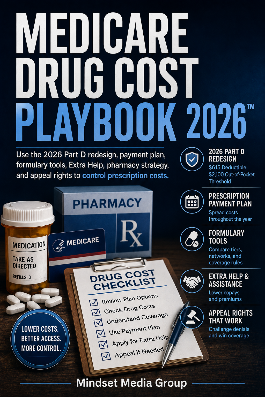 Medicare Drug Cost Playbook 2026™ cover — Part D costs, payment planning, formularies, Extra Help, pharmacy strategy and appeals guide