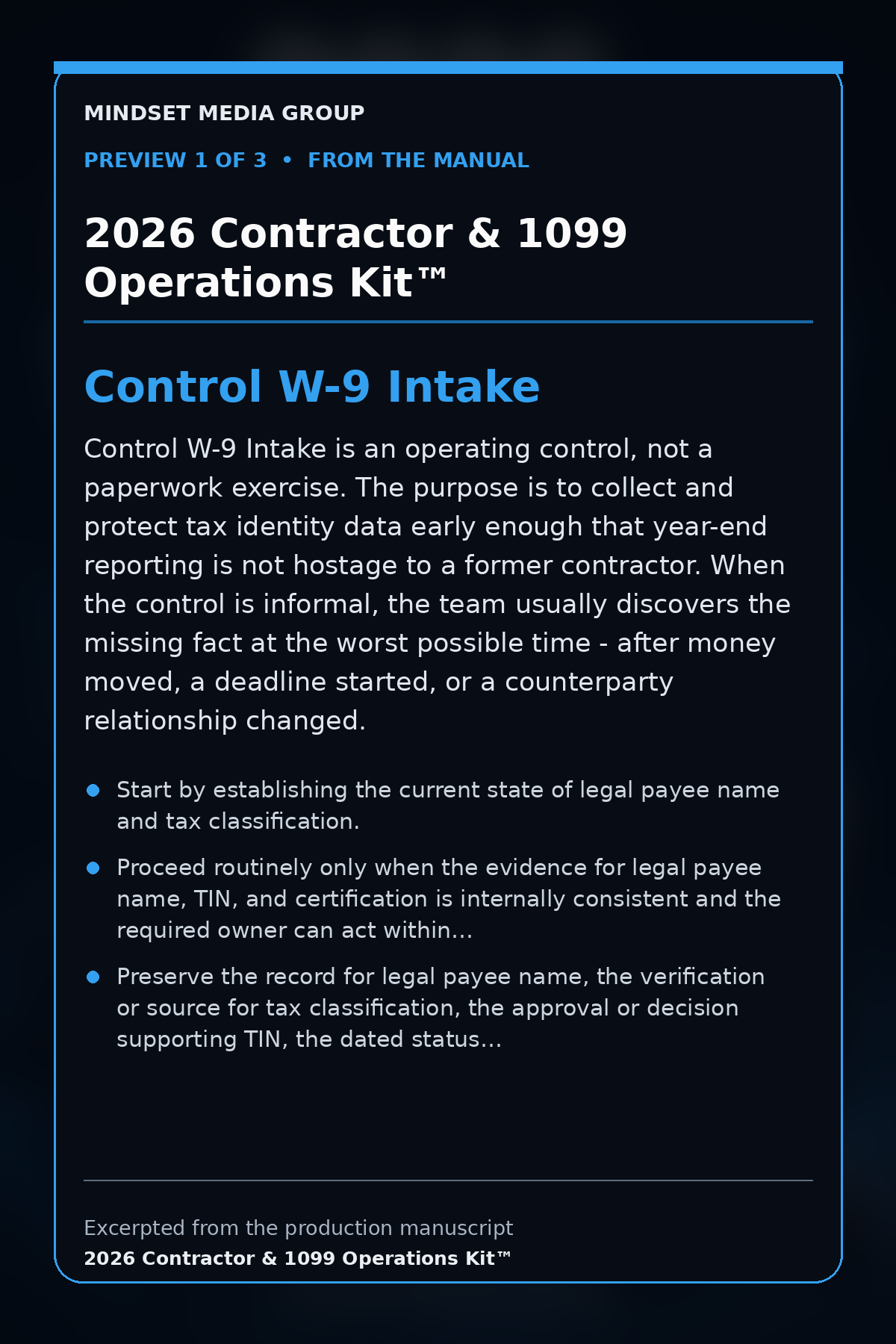 2026 Contractor & 1099 Operations Kit™ — preview 1 of 3 — Control W-9 Intake