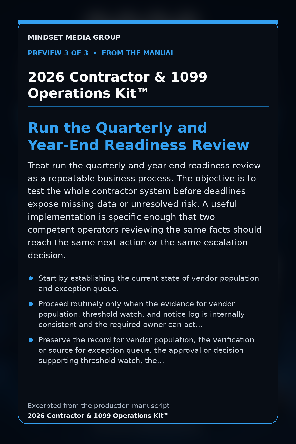 2026 Contractor & 1099 Operations Kit™ — preview 3 of 3 — Quarterly and Year-End Readiness Review