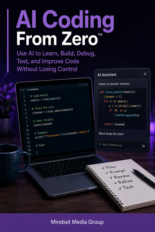 AI Coding From Zero™ digital guide by Mindset Media Group — beginner AI-assisted coding, prompting, debugging, testing, and small-project development.