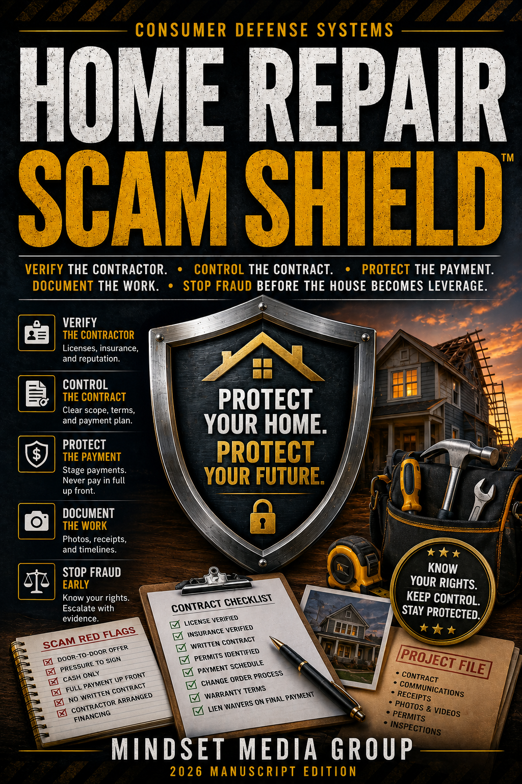 Home Repair Scam Shield™ cover — contractor verification, contract control, payment defense and lien-risk guide