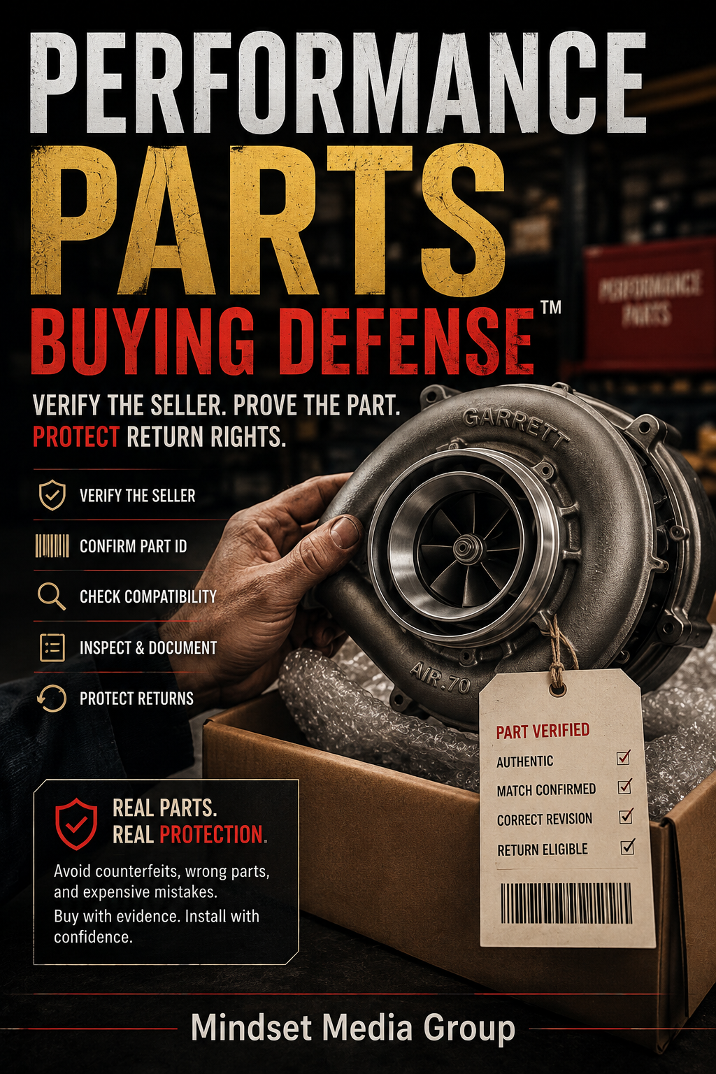 Performance Parts Buying Defense™ cover — a Mindset Media Group guide to seller verification, part authenticity, compatibility, receiving inspection, returns, warranties, and purchase recovery.