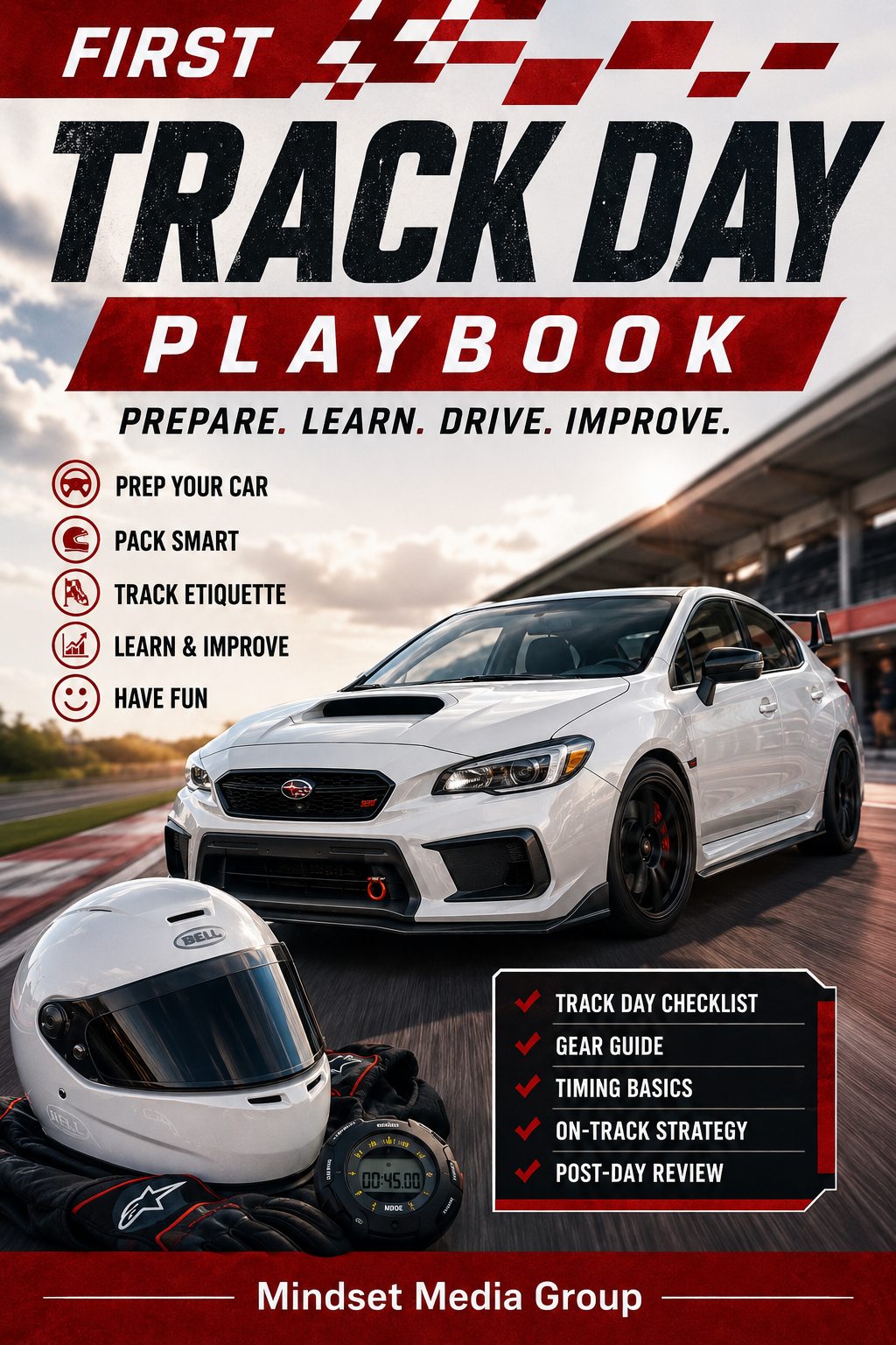 First Track Day Playbook™ cover — novice HPDE selection, vehicle preparation, insurance, gear, consumables and event-day guide