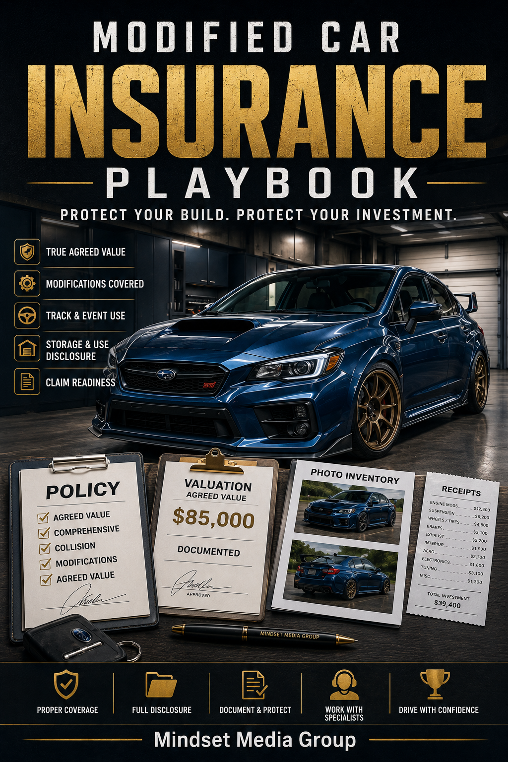Modified Car Insurance Playbook™ cover — modifications, agreed value, custom equipment, track exclusions, claims and documentation guide