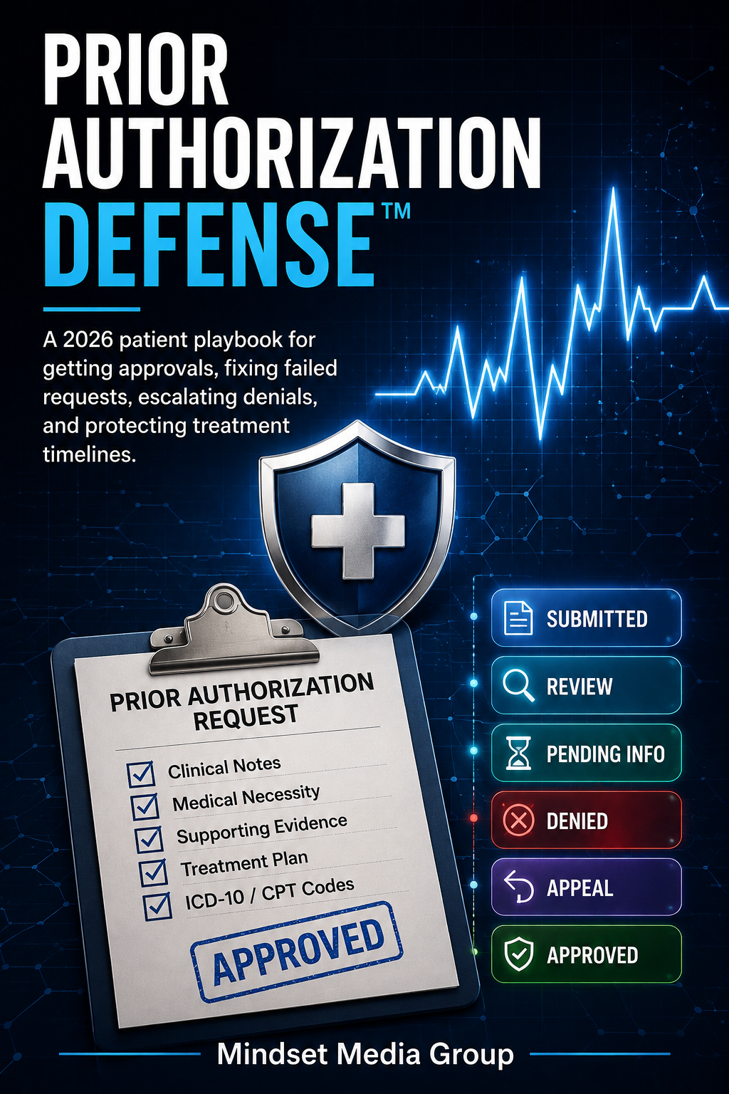 Prior Authorization Defense™ cover — 2026 approvals, failed requests, denial escalation and treatment-timeline guide