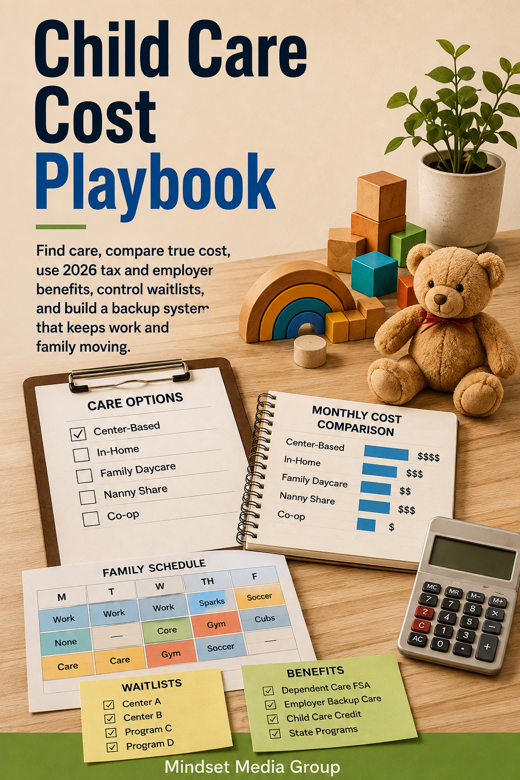Child Care Cost Playbook™ cover — child-care true cost, provider comparison, 2026 benefits, waitlists and backup-care guide