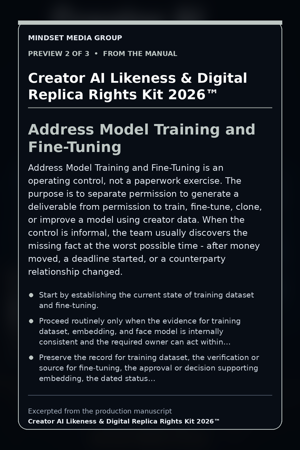 Creator AI Likeness & Digital Replica Rights Kit 2026™ — preview 2 of 3 — Model Training and Fine-Tuning
