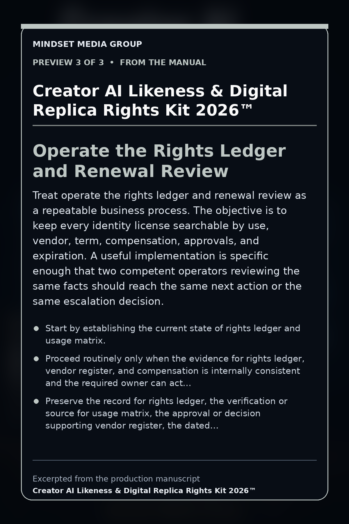 Creator AI Likeness & Digital Replica Rights Kit 2026™ — preview 3 of 3 — Rights Ledger and Renewal Review