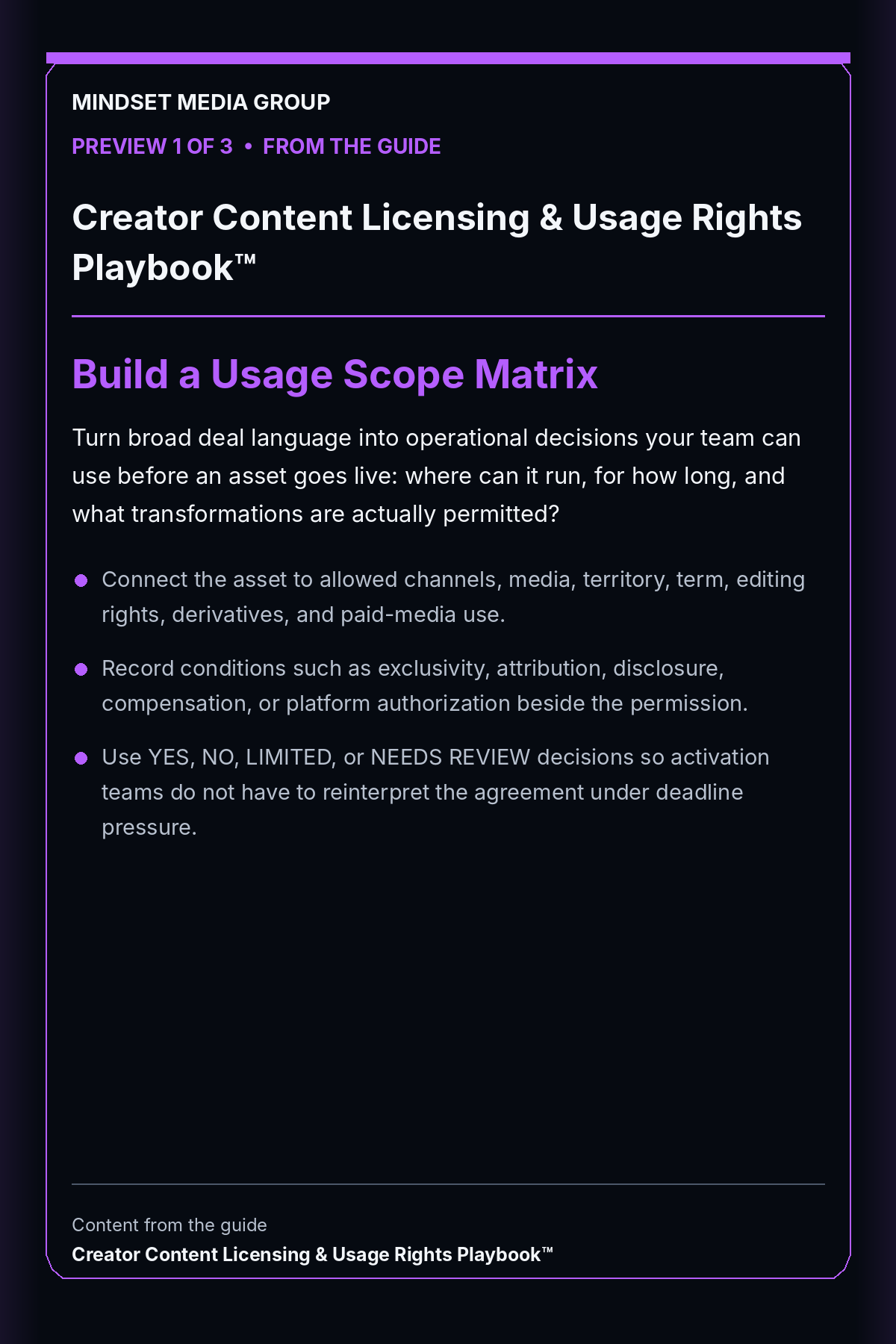 Creator Content Licensing & Usage Rights Playbook™ — Preview 01 of 3 — Build a Usage Scope Matrix