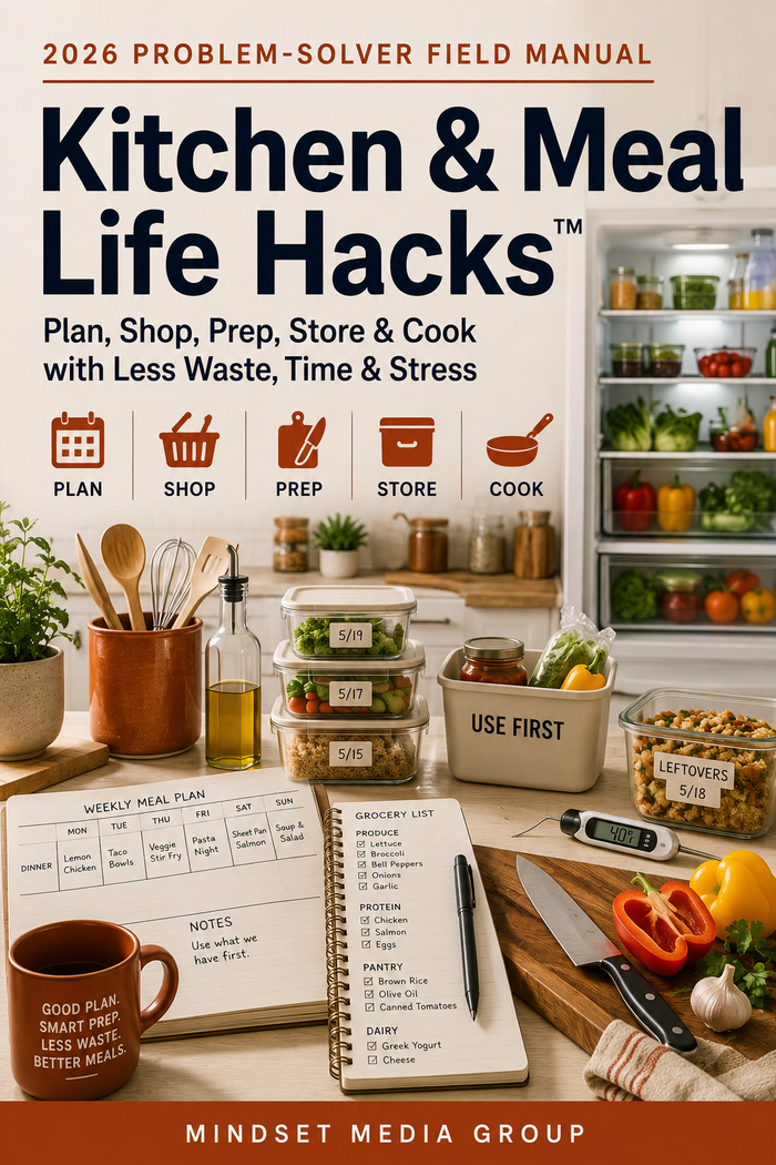 Kitchen & Meal Life Hacks™ digital guide cover by Mindset Media Group