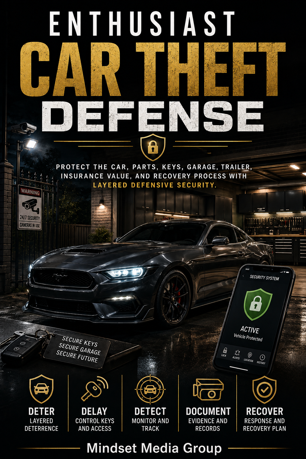 Enthusiast Car Theft Defense™ cover — layered vehicle, parts, key, garage, trailer, insurance and recovery security guide