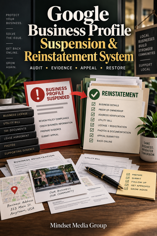 Google Business Profile Suspension & Reinstatement System™ — approved 2:3 portrait cover by Mindset Media Group